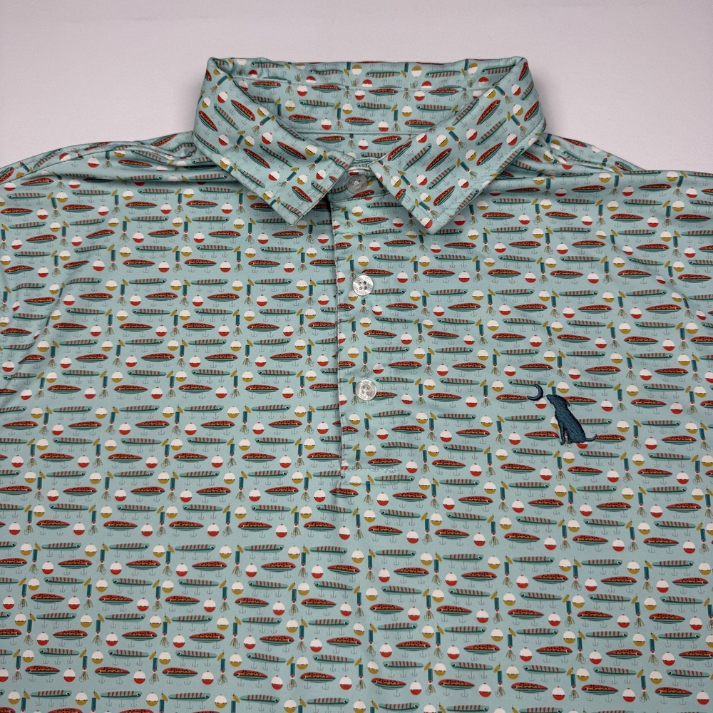 Local Boy Outfitters Polo Shirt Mens Small Green Fishing Print Golf Stretch Tech